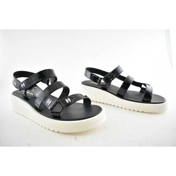 Chanel 20C Black Patent White CC Logo Mule Slide Strap Flat Dad Sandal 40.5 - Picture 10 of 12